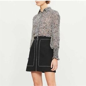 Maje Jimage Sz L Black Studded A-Line Mini Skirt Front Zip Ring Pull Silver Trim